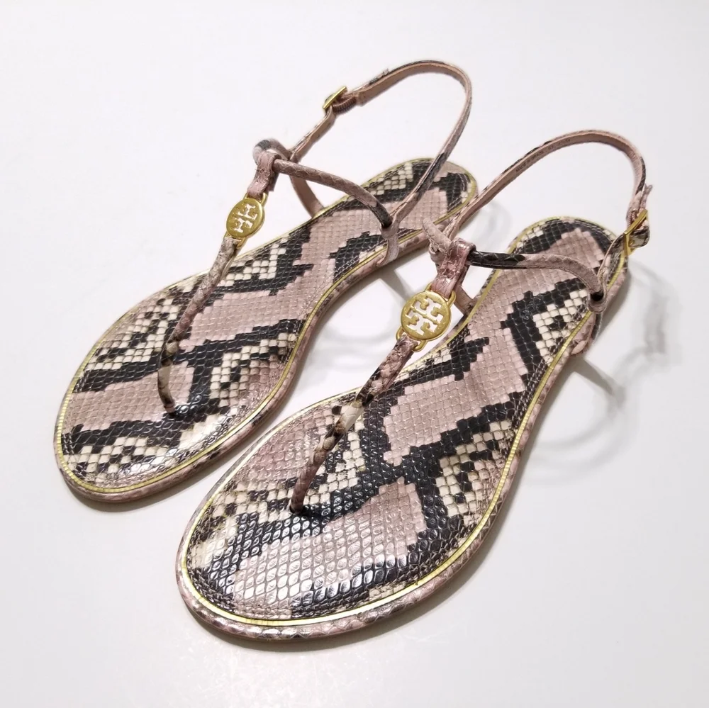 NIB Tory Burch Emmy Snake Printed‎ Leather T-Strap Flat Sandal in Misty Rose